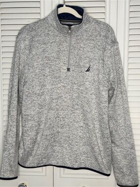 Nautica Quarter-Zip Sweater Mens S Gray Good Fleece Pullover Mock Neck Logo
